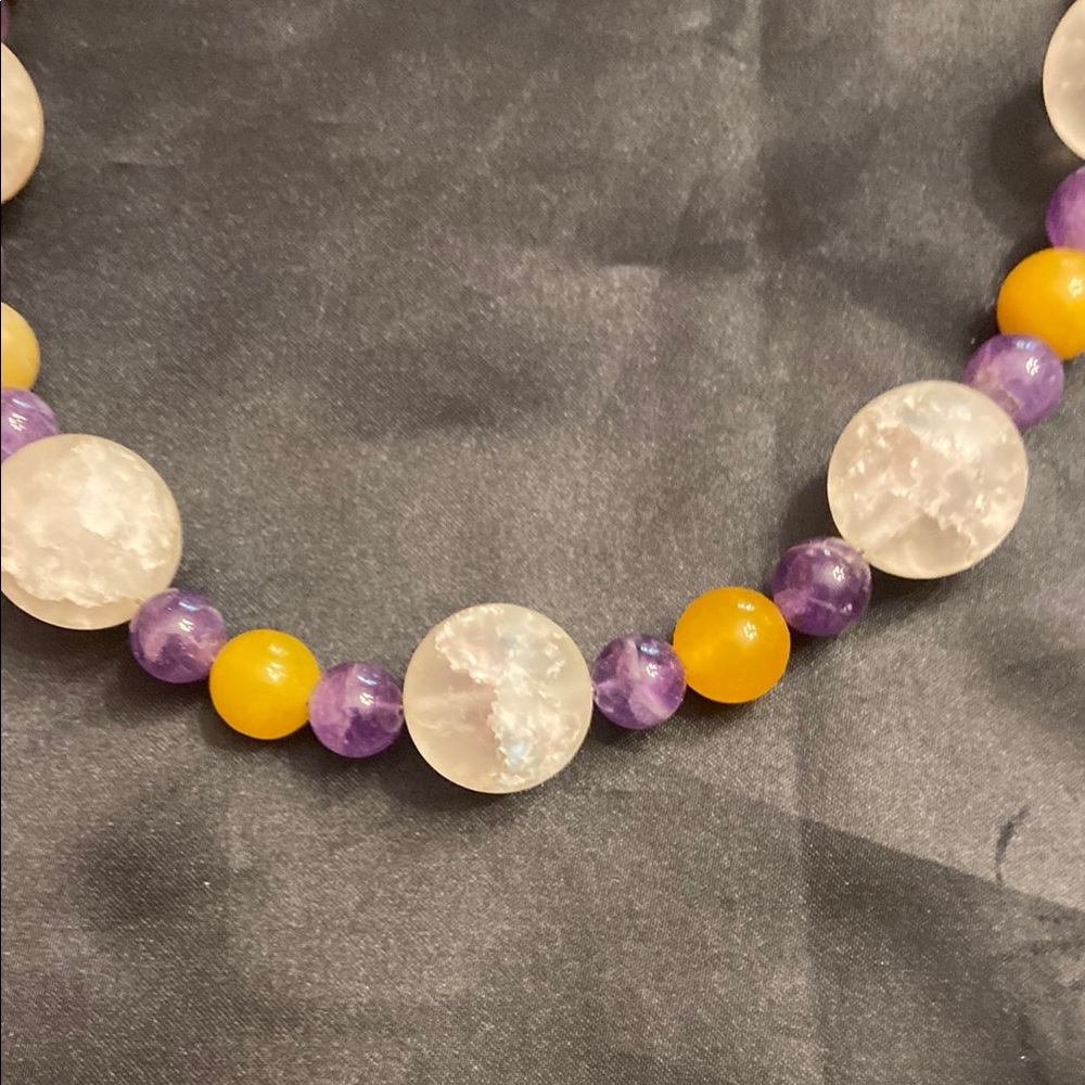 Purple and Yellow Statement Necklace with Iridescent Beads - Picture 5 of 10